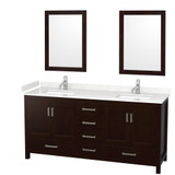 Sheffield 72 Inch Double Bathroom Vanity in Espresso, Carrara Cultured Marble Countertop, Undermount Square Sinks, 24 Inch Mirrors