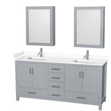 Sheffield 72 Inch Double Bathroom Vanity in Gray, White Cultured Marble Countertop, Undermount Square Sinks, Medicine Cabinets