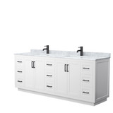 Miranda 84 Inch Double Bathroom Vanity in White, White Carrara Marble Countertop, Undermount Square Sinks, Matte Black Trim
