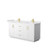 Miranda 66 Inch Double Bathroom Vanity in White, White Cultured Marble Countertop, Undermount Square Sinks, Brushed Gold Trim