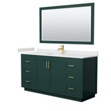 Miranda 66 Inch Single Bathroom Vanity in Green, White Cultured Marble Countertop, Undermount Square Sink, Brushed Gold Trim, 58 Inch Mirror