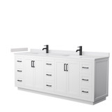 Miranda 84 Inch Double Bathroom Vanity in White, White Cultured Marble Countertop, Undermount Square Sinks, Matte Black Trim