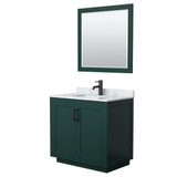 Miranda 36 Inch Single Bathroom Vanity in Green, White Carrara Marble Countertop, Undermount Square Sink, Matte Black Trim, 34 Inch Mirror