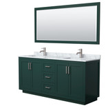 Miranda 72 Inch Double Bathroom Vanity in Green, White Carrara Marble Countertop, Undermount Square Sinks, Brushed Nickel Trim, 70 Inch Mirror
