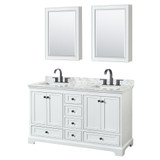 Deborah 60 Inch Double Bathroom Vanity in White, White Carrara Marble Countertop, Undermount Square Sinks, Matte Black Trim, Medicine Cabinets