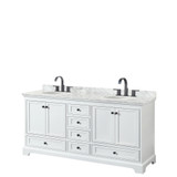 Deborah 72 Inch Double Bathroom Vanity in White, White Carrara Marble Countertop, Undermount Oval Sinks, Matte Black Trim