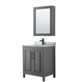 Daria 30 Inch Single Bathroom Vanity in Dark Gray, White Carrara Marble Countertop, Undermount Square Sink, Matte Black Trim, Medicine Cabinet