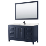 Daria 60 Inch Single Bathroom Vanity in Dark Blue, Carrara Cultured Marble Countertop, Undermount Square Sink, Matte Black Trim, 58 Inch Mirror