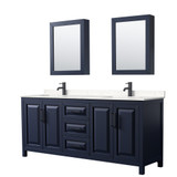 Daria 80 Inch Double Bathroom Vanity in Dark Blue, Carrara Cultured Marble Countertop, Undermount Square Sinks, Matte Black Trim, Medicine Cabinets