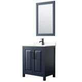 Daria 30 Inch Single Bathroom Vanity in Dark Blue, White Cultured Marble Countertop, Undermount Square Sink, Matte Black Trim, 24 Inch Mirror