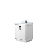 Icon 30 Inch Single Bathroom Vanity in White, White Carrara Marble Countertop, Undermount Square Sink, Matte Black Trim