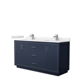 Icon 66 Inch Double Bathroom Vanity in Dark Blue, White Cultured Marble Countertop, Undermount Square Sinks, Brushed Nickel Trim