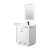 Icon 30 Inch Single Bathroom Vanity in White, Carrara Cultured Marble Countertop, Undermount Square Sink, Matte Black Trim, 24 Inch Mirror