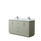 Strada 60 Inch Double Bathroom Vanity in Light Green, White Carrara Marble Countertop, Undermount Square Sinks, Brushed Nickel Trim
