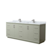 Strada 84 Inch Double Bathroom Vanity in Light Green, White Carrara Marble Countertop, Undermount Square Sinks, Brushed Nickel Trim