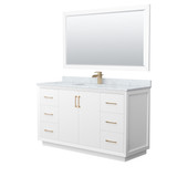 Strada 60 Inch Single Bathroom Vanity in White, White Carrara Marble Countertop, Undermount Square Sink, Satin Bronze Trim, 58 Inch Mirror