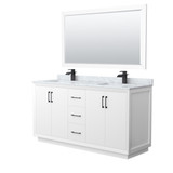 Strada 66 Inch Double Bathroom Vanity in White, White Carrara Marble Countertop, Undermount Square Sink, Matte Black Trim, 58 Inch Mirror