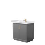 Strada 36 Inch Single Bathroom Vanity in Dark Gray, White Cultured Marble Countertop, Undermount Square Sink, Satin Bronze Trim