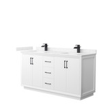 Strada 66 Inch Double Bathroom Vanity in White, Carrara Cultured Marble Countertop, Undermount Square Sink, Matte Black Trim