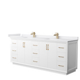 Strada 84 Inch Double Bathroom Vanity in White, White Cultured Marble Countertop, Undermount Square Sink, Satin Bronze Trim