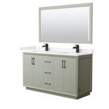 Strada 60 Inch Double Bathroom Vanity in Light Green, Carrara Cultured Marble Countertop, Undermount Square Sinks, Matte Black Trim, 58 Inch Mirror