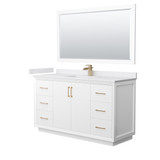 Strada 60 Inch Single Bathroom Vanity in White, White Cultured Marble Countertop, Undermount Square Sink, Satin Bronze Trim, 58 Inch Mirror