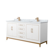 Marlena 72 Inch Double Bathroom Vanity in White, White Carrara Marble Countertop, Undermount Square Sinks, Satin Bronze Trim