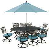 Traditions9pc: 8 Swivel Rockers, 96"x60" Oval Cast Tbl, Umbrella, Base