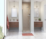 Manhattan 25-27 x 68 in. 6 mm Pivot Shower Door for Alcove Installation with Clear glass & Round Handle in Brushed Nickel