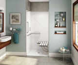 OPS-3636-RS - L-Shaped and Vertical Grab Bar and Seat AcrylX Alcove Center Drain One-Piece Shower in White
