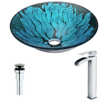 Key Series Deco-Glass Vessel Sink in Lustrous Blue and Black with Key Faucet in Polished Chrome