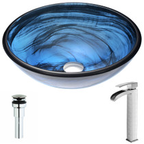 Soave Series Deco-Glass Vessel Sink in Sapphire Wisp with Key Faucet in Polished Chrome