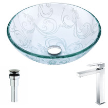 Vieno Series Deco-Glass Vessel Sink in Crystal Clear Floral with Enti Faucet in Chrome