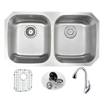 MOORE Undermount 32 in. Double Bowl Kitchen Sink with Accent Faucet in Polished Chrome
