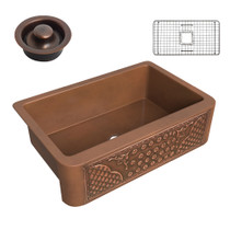 Macedonian Farmhouse Handmade Copper 33 in. 0-Hole Single Bowl Kitchen Sink with Flower Bed Design Panel in Polished Antique Copper