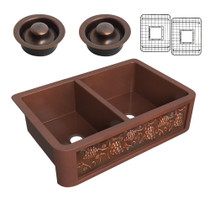 Dalmatia Farmhouse Handmade Copper 33 in. 40/60 Double Bowl Kitchen Sink with Grape Vine Design in Polished Antique Copper