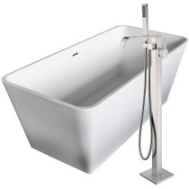 Cenere 58.25 in. Solid Surface Soaking Bathtub in White with Angel Faucet in Brushed Nickel