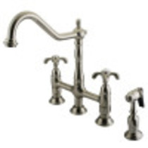 Kingston Brass KS1278TXBS French Country Bridge Kitchen Faucet with Brass Sprayer, Brushed Nickel