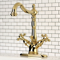 Kingston Brass KS1432AX Heritage Two-Handle Bathroom Faucet with Brass Pop-Up and Cover Plate, Polished Brass