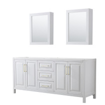 Daria 80 Inch Double Bathroom Vanity in White, No Countertop, No Sink, Medicine Cabinets, Brushed Gold Trim