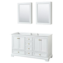 Deborah 60 Inch Double Bathroom Vanity in White, No Countertop, No Sinks, Brushed Gold Trim, Medicine Cabinets