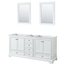 Deborah 72 Inch Double Bathroom Vanity in White, No Countertop, No Sinks, Brushed Gold Trim, 24 Inch Mirrors