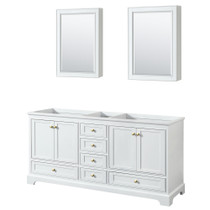 Deborah 72 Inch Double Bathroom Vanity in White, No Countertop, No Sinks, Brushed Gold Trim, Medicine Cabinets