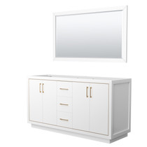Icon 66 Inch Double Bathroom Vanity in White, No Countertop, No Sink, Satin Bronze Trim, 58 Inch Mirror