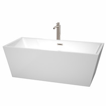 Sara 67 Inch Freestanding Bathtub in White with Floor Mounted Faucet, Drain and Overflow Trim in Brushed Nickel