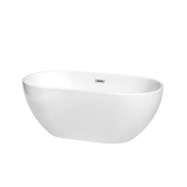 Brooklyn 60 Inch Freestanding Bathtub in White with Brushed Nickel Drain and Overflow Trim