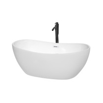 Rebecca 60 Inch Freestanding Bathtub in White with Shiny White Trim and Floor Mounted Faucet in Matte Black
