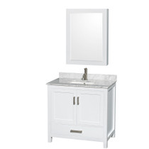 Sheffield 36 Inch Single Bathroom Vanity in White, White Carrara Marble Countertop, Undermount Square Sink, and Medicine Cabinet