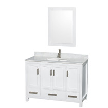 Sheffield 48 Inch Single Bathroom Vanity in White, White Carrara Marble Countertop, Undermount Square Sink, and 24 Inch Mirror