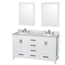 Sheffield 60 Inch Double Bathroom Vanity in White, White Carrara Marble Countertop, Undermount Oval Sinks, and 24 Inch Mirrors